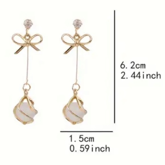 NWOT Bowknot Tassel Drop Earrings Synthetic Gem Alloy 925 Sterling Silver needle - Picture 4 of 5